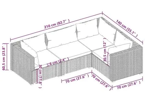 Set mobilier de grădină cu perne, 4 piese, negru, poliratan - 5/5