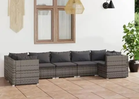 Set mobilier de grădină cu perne, 7 piese, gri, poliratan - 1/5