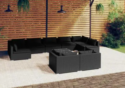 Set mobilier de grădină cu perne, 10 piese, negru, poliratan - 1/5