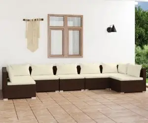 vidaXL Set mobilier de grădină cu perne, 7 piese, maro, poliratan