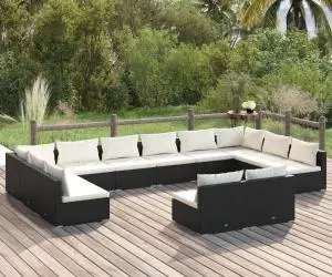 vidaXL Set mobilier de grădină cu perne, 12 piese, negru, poliratan
