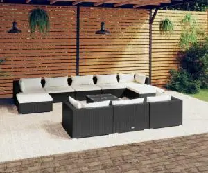 vidaXL Set mobilier de grădină cu perne, 11 piese, negru, poliratan