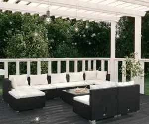 vidaXL Set mobilier de grădină cu perne, 10 piese, negru, poliratan