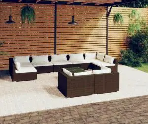 vidaXL Set mobilier de grădină cu perne, 10 piese, maro, poliratan