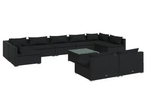 Set mobilier de grădină cu perne, 10 piese, negru, poliratan - 2/5