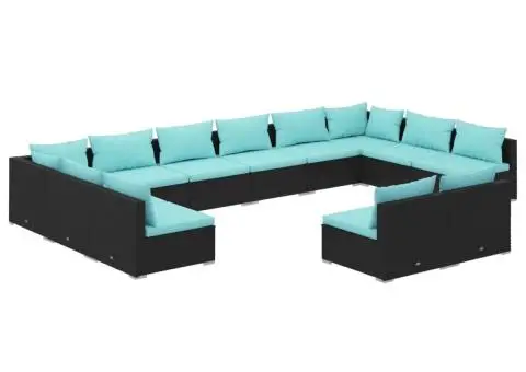 Set mobilier de grădină cu perne, 12 piese, negru, poliratan - 2/5