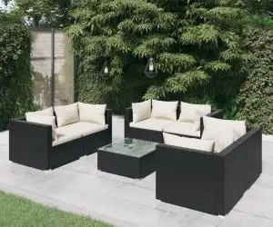 vidaXL Set mobilier de grădină cu perne, 7 piese, negru, poliratan