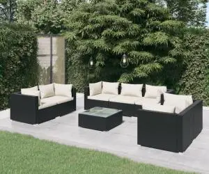 vidaXL Set mobilier de grădină cu perne, 8 piese, negru, poliratan