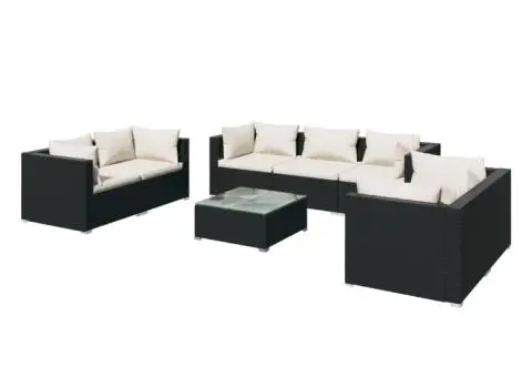 Set mobilier de grădină cu perne, 8 piese, negru, poliratan - 2/5