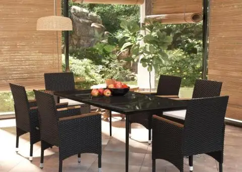 Set de masă pentru grădină, 7 piese, cu perne, negru - 1/5