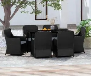 vidaXL Set de masă pentru grădină, 7 piese, cu perne, negru