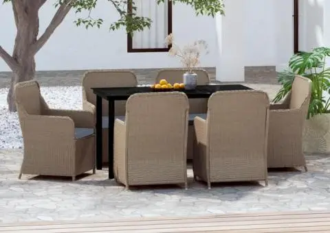 Set de masă pentru grădină, 7 piese, cu perne, maro - 1/5