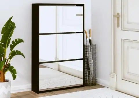 Pantofar cu oglindă, 3 niveluri, Negru, 63x17x102,5 cm - 1/5