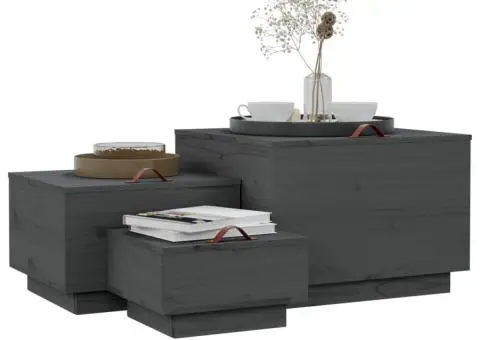 Cutii de depozitare cu capace 3 buc., gri, lemn masiv de pin - 4/5