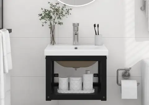 Cadru lavoar baie cu chiuvetă încorporată, negru, fier - 1/5