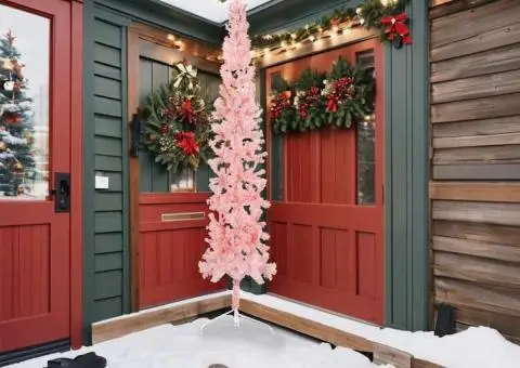 Jumătate brad de Crăciun subțire cu suport, roz, 240 cm - 2/5