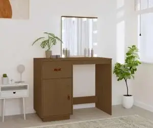 vidaXL Măsuță de toaletă LED maro miere, 95x50x133,5 cm lemn masiv pin