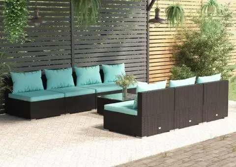 Set mobilier de grădină cu perne, 8 piese, negru, poliratan - 1/5