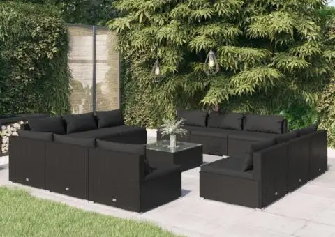 Set mobilier de grădină cu perne, 13 piese, negru, poliratan - 1/5