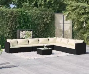 vidaXL Set mobilier de grădină cu perne, 9 piese, negru, poliratan