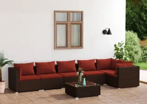 Set mobilier de grădină cu perne, 7 piese, maro, poliratan - 1/5