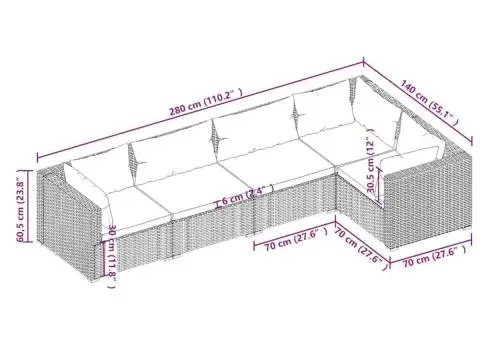 Set mobilier de grădină cu perne, 5 piese, gri, poliratan - 5/5