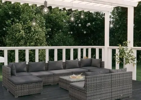 Set mobilier de grădină cu perne, 10 piese, gri, poliratan - 1/5