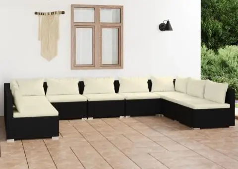 Set mobilier de grădină cu perne, 9 piese, negru, poliratan - 1/5