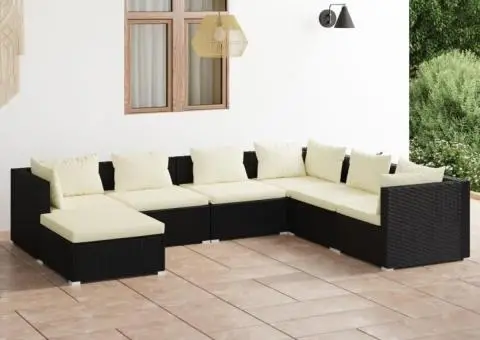 Set mobilier de grădină cu perne, 7 piese, negru, poliratan - 1/5