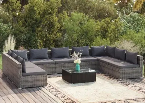 Set mobilier de grădină cu perne, 10 piese, gri, poliratan - 1/5