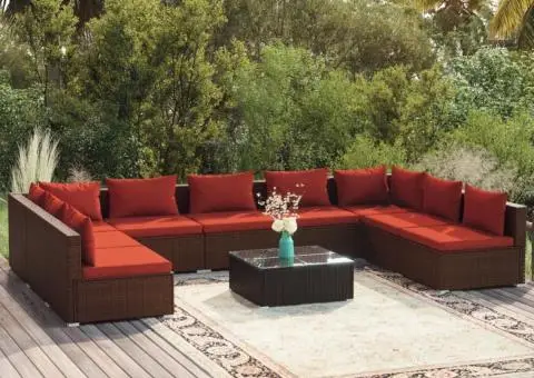 Set mobilier de grădină cu perne, 10 piese, maro, poliratan - 1/5