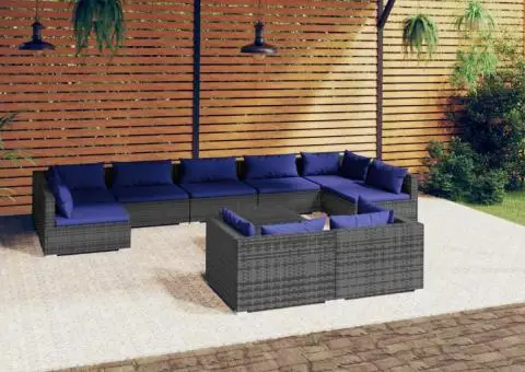 Set mobilier de grădină cu perne, 10 piese, gri, poliratan - 1/5