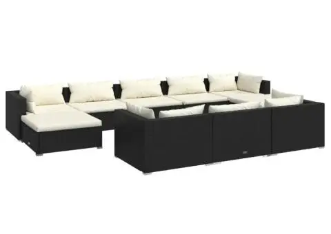 Set mobilier de grădină cu perne, 10 piese, negru, poliratan - 2/5