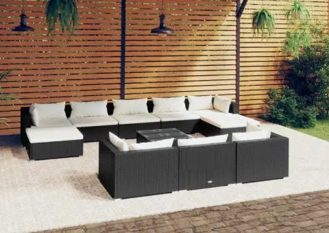 Set mobilier de grădină cu perne, 11 piese, negru, poliratan - 1/5