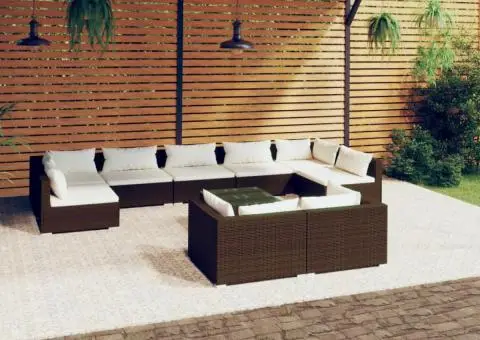 Set mobilier de grădină cu perne, 10 piese, maro, poliratan - 1/5