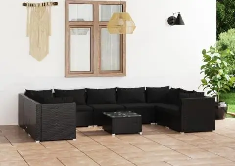 Set mobilier de grădină cu perne, 10 piese, negru, poliratan - 1/5