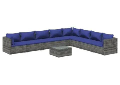 Set mobilier de grădină cu perne, 9 piese, gri, poliratan - 2/5