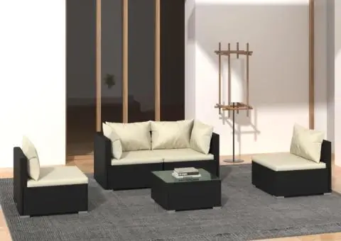 Set mobilier de grădină cu perne, 5 piese, negru, poliratan - 1/5