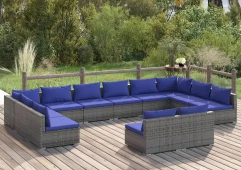 Set mobilier de grădină cu perne, 12 piese, gri, poliratan - 1/5