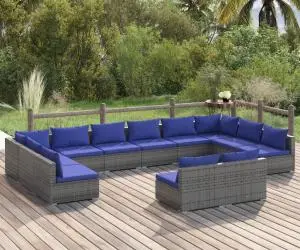 Set mobilier de grădină cu perne, 12 piese, gri, poliratan