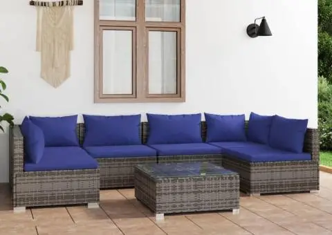 Set mobilier de grădină cu perne, 7 piese, gri, poliratan - 1/5