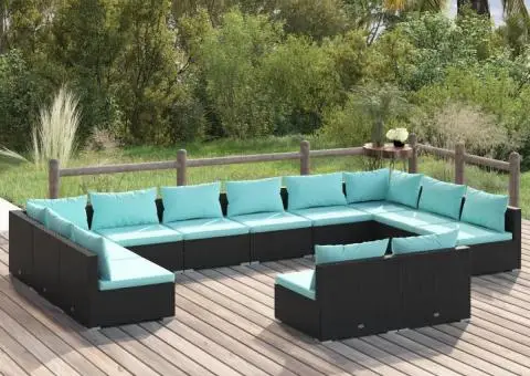 Set mobilier de grădină cu perne, 12 piese, negru, poliratan - 1/5