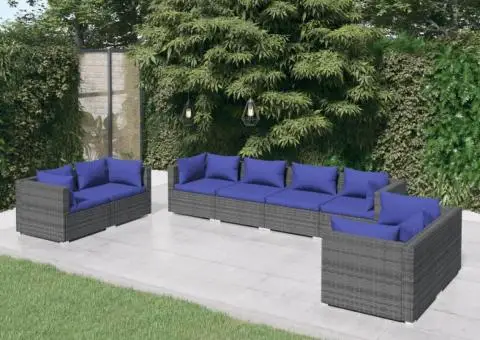 Set mobilier de grădină cu perne, 8 piese, gri, poliratan - 1/5