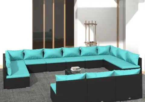 Set mobilier de grădină cu perne, 14 piese, negru, poliratan - 1/5