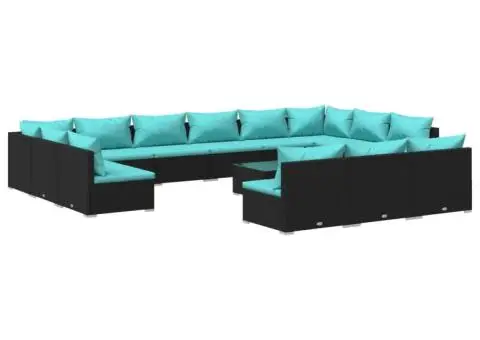 Set mobilier de grădină cu perne, 14 piese, negru, poliratan - 2/5