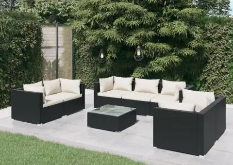 Set mobilier de grădină cu perne, 8 piese, negru, poliratan - 1/5