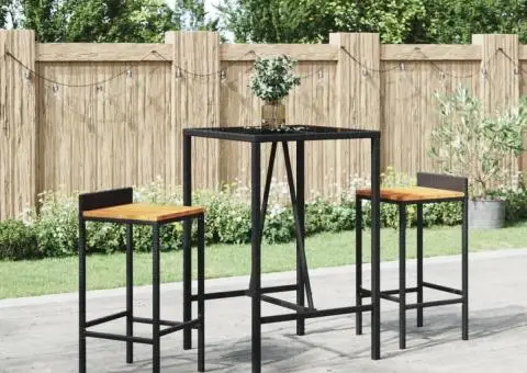 Set bar pentru grădină, 3 piese, negru, poliratan/lemn acacia - 1/5