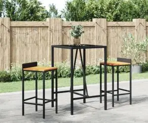 Set bar pentru grădină, 3 piese, negru, poliratan/lemn acacia