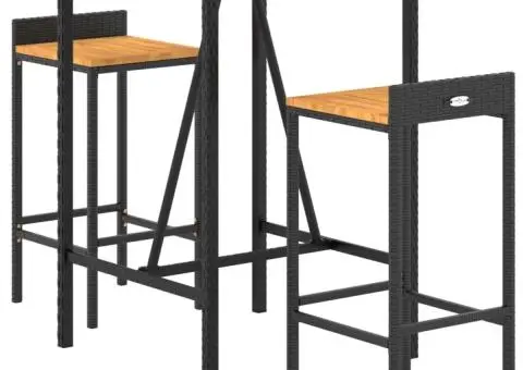 Set bar pentru grădină, 3 piese, negru, poliratan/lemn acacia - 3/5