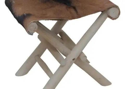 Taburet pliant, piele naturală și lemn masiv de tec - 1/5